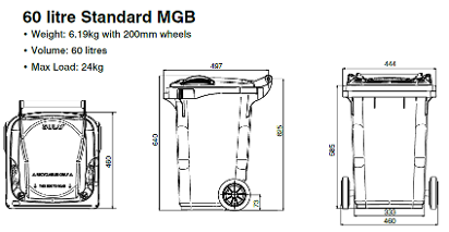 60 Litre wheelie bin size dimensions